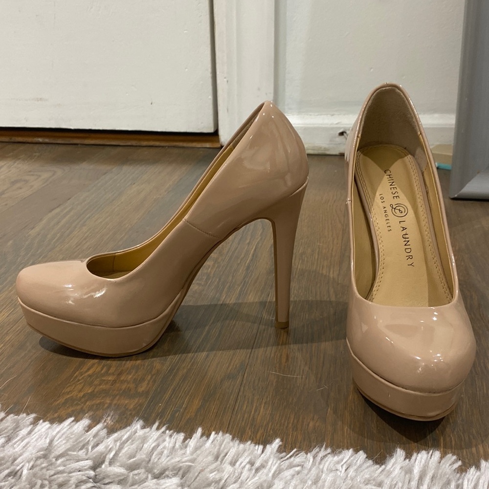 Worn once! Chinese laundry tan closed toe platform heels